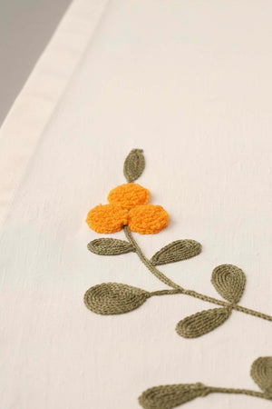 Yellow Floral Embroidered Vintage Linen Runner 40x140 cm