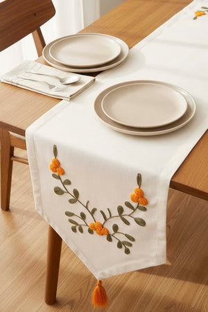 Yellow Floral Embroidered Vintage Linen Runner 40x140 cm