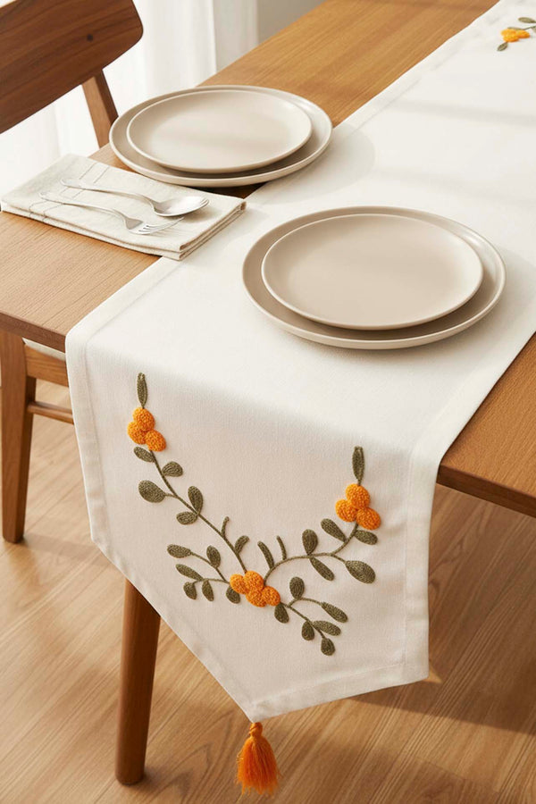 Yellow Floral Embroidered Vintage Linen Runner 40x140 cm