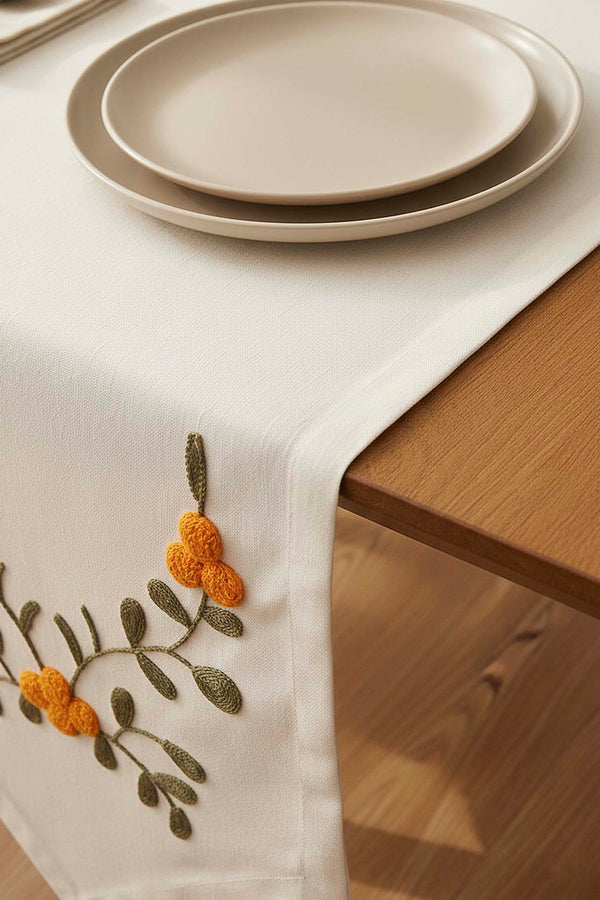 Yellow Floral Embroidered Vintage Linen Runner 40x140 cm