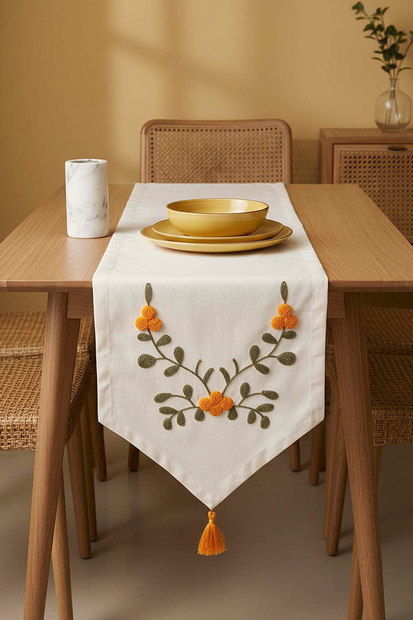 Yellow Floral Embroidered Vintage Linen Runner 40x140 cm