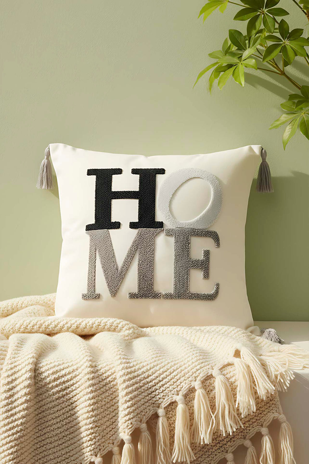 Grey Tasseled Home Punch Decorative Cushion Cover