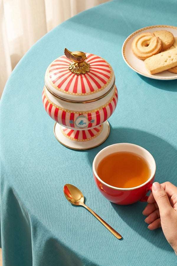 Bellisima Bird Pattern Pedestal Enamel Sugar Bowl