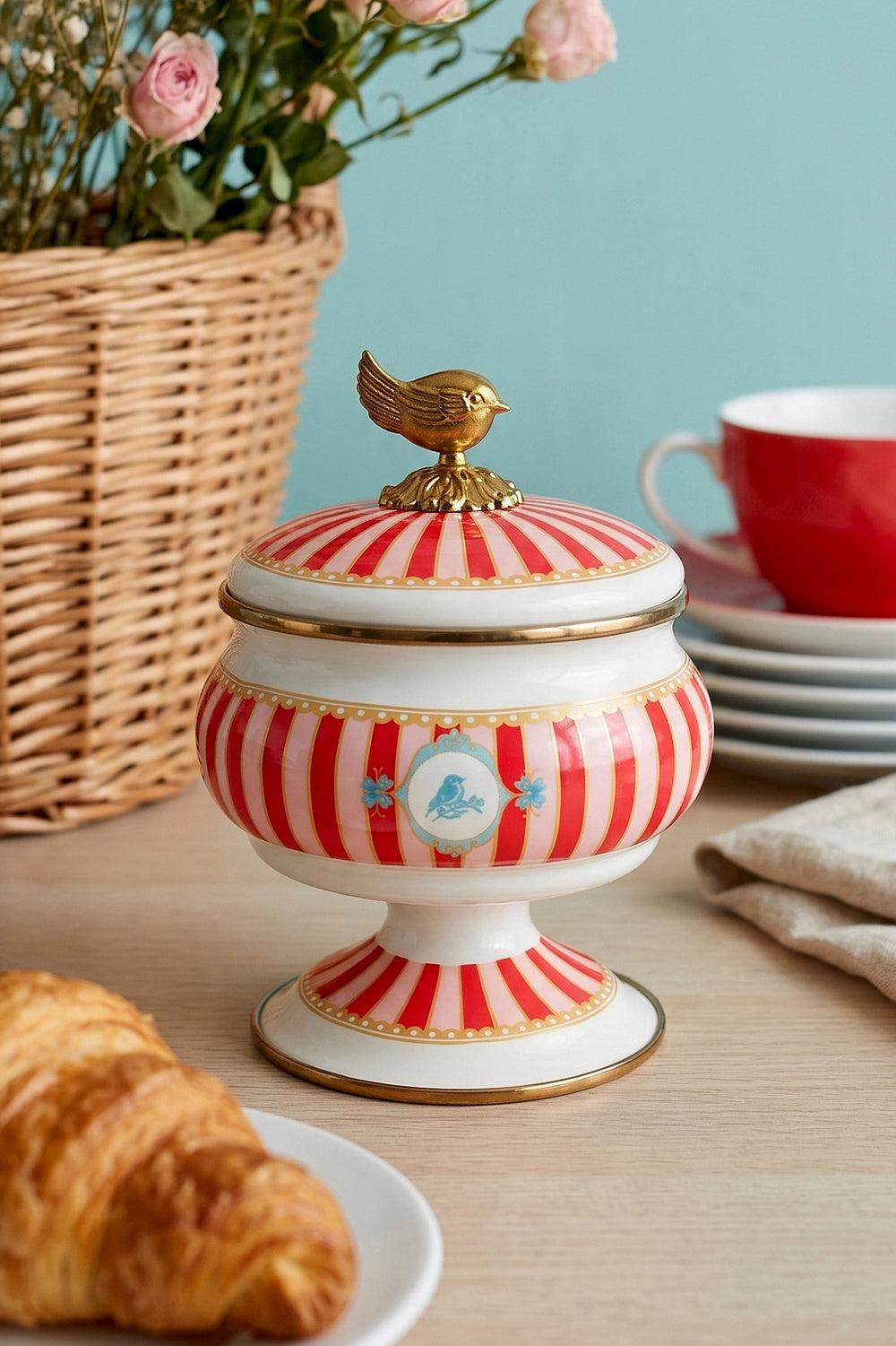 Bellisima Bird Pattern Pedestal Enamel Sugar Bowl