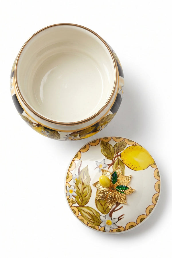Linda Lemon Pattern Pedestal Enamel Sugar Bowl