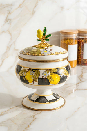 Linda Lemon Pattern Pedestal Enamel Sugar Bowl