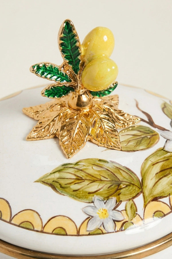 Linda Lemon Pattern Pedestal Enamel Sugar Bowl