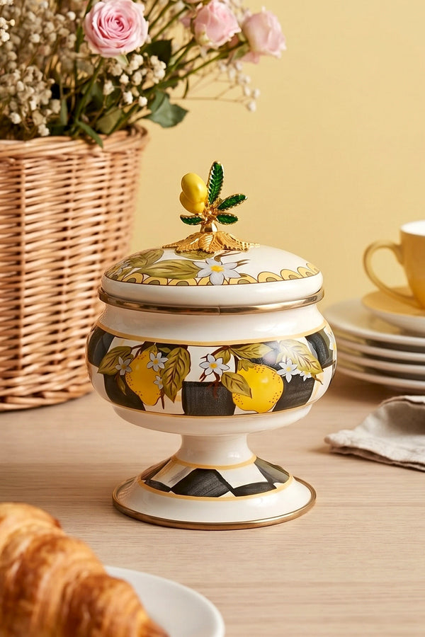 Linda Lemon Pattern Pedestal Enamel Sugar Bowl