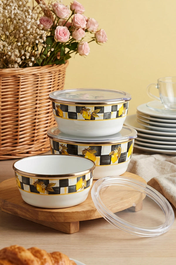 Linda Lemon Pattern 3-Piece Enamel Storage Container Set