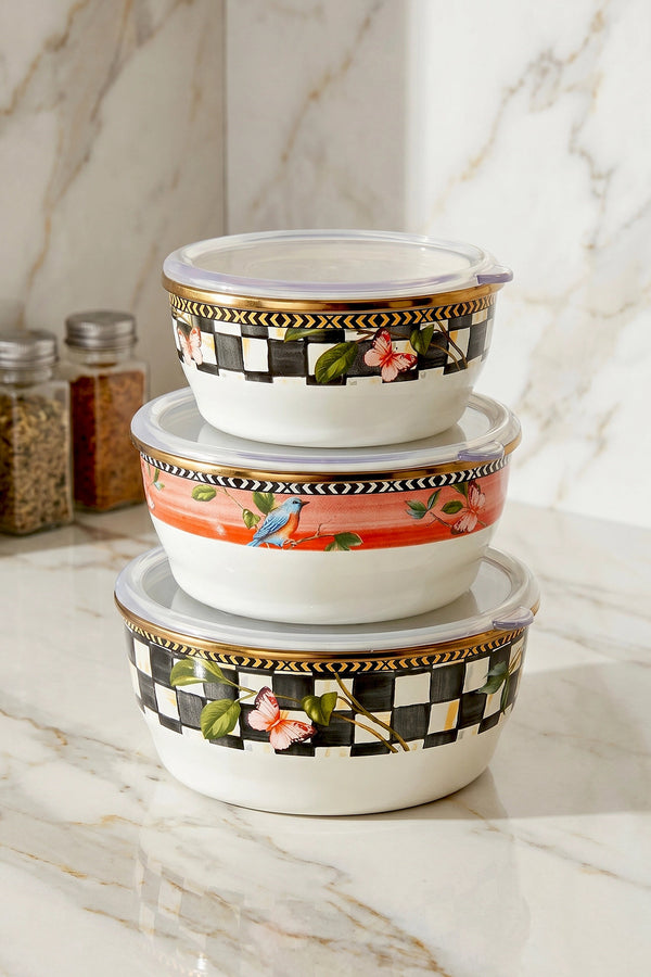 Paradise Butterfly Pattern 3-Piece Enamel Storage Container Set