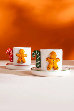 Gingerbread Man Amore Handmade Ceramic Double Turkish Coffee Cup Set