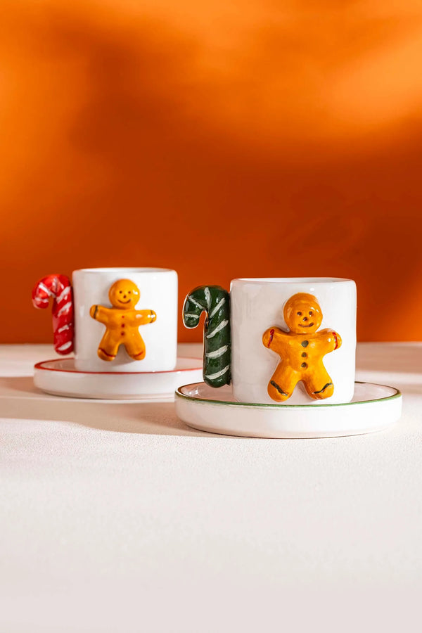 Gingerbread Man Amore Handmade Ceramic Double Turkish Coffee Cup Set