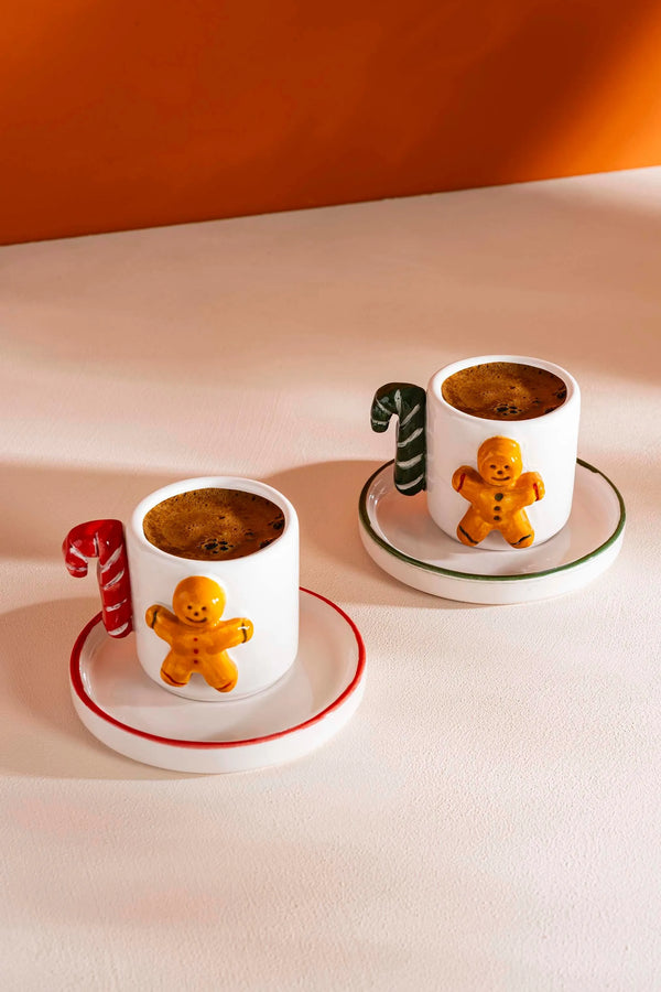 Gingerbread Man Amore Handmade Ceramic Double Turkish Coffee Cup Set