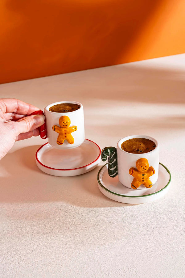 Gingerbread Man Amore Handmade Ceramic Double Turkish Coffee Cup Set