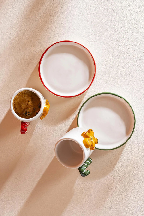 Gingerbread Man Amore Handmade Ceramic Double Turkish Coffee Cup Set