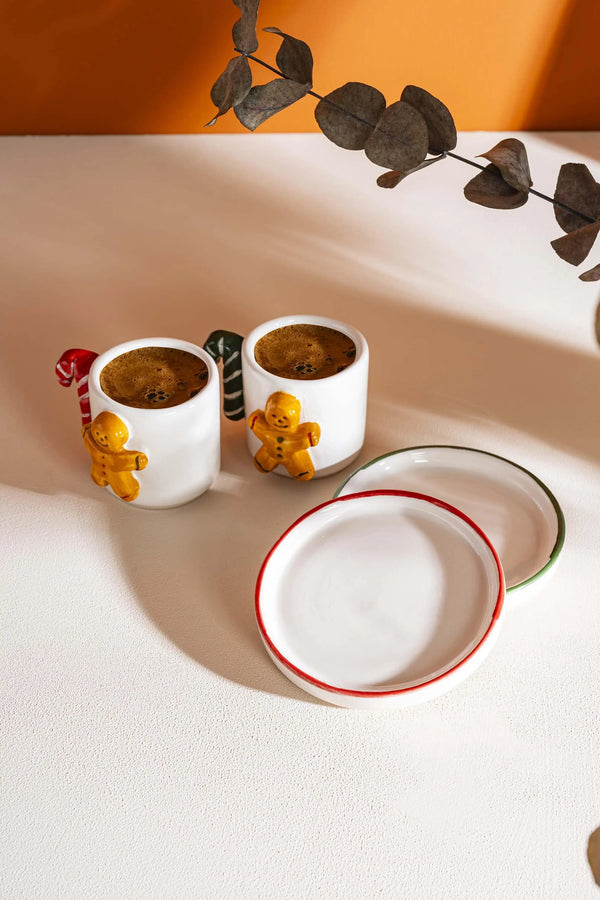 Gingerbread Man Amore Handmade Ceramic Double Turkish Coffee Cup Set