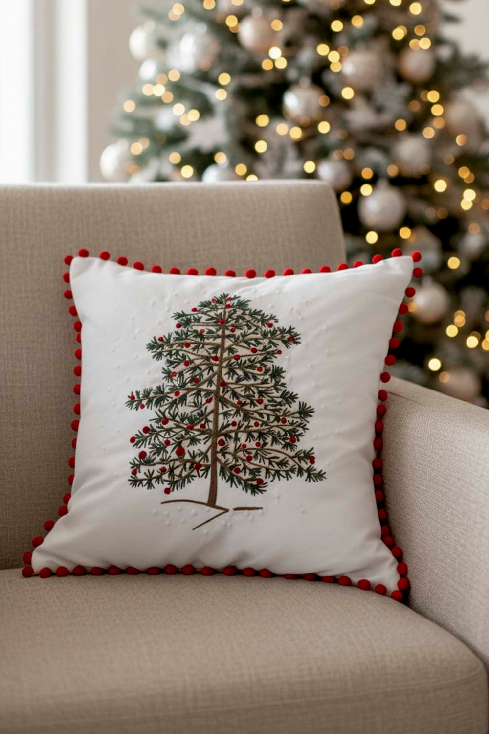 White Pine Tree Embroidered Pom Pom Throw Pillow Cover, 43x43 cm Woven Straw-Look Decorative Cushion Case, Polyester with Hidden Zipper, Boho Textured Accent Pillowcase