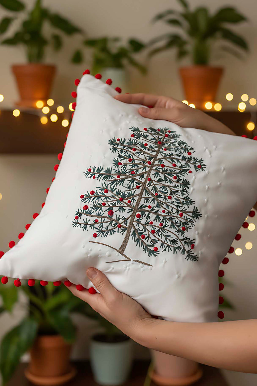 White Pine Tree Embroidered Pom Pom Throw Pillow Cover, 43x43 cm Woven Straw-Look Decorative Cushion Case, Polyester with Hidden Zipper, Boho Textured Accent Pillowcase