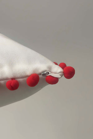 White Pine Tree Embroidered Pom Pom Throw Pillow Cover, 43x43 cm Woven Straw-Look Decorative Cushion Case, Polyester with Hidden Zipper, Boho Textured Accent Pillowcase