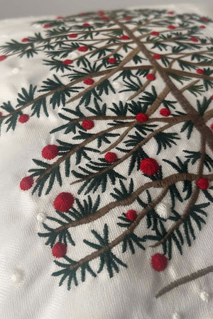 White Pine Tree Embroidered Pom Pom Throw Pillow Cover, 43x43 cm Woven Straw-Look Decorative Cushion Case, Polyester with Hidden Zipper, Boho Textured Accent Pillowcase