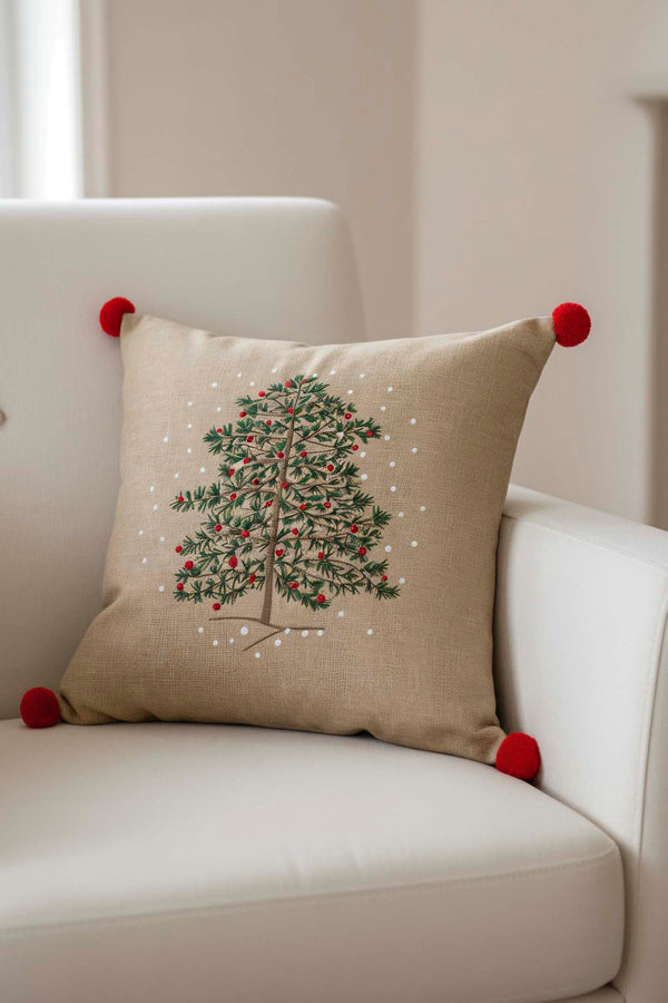 Beige Pine Tree Embroidered Pom Pom Decorative Pillow Cover, 43x43 cm, Woven Wicker Look, Polyester, Hidden Zipper, Farmhouse Style Accent Pillow Cover