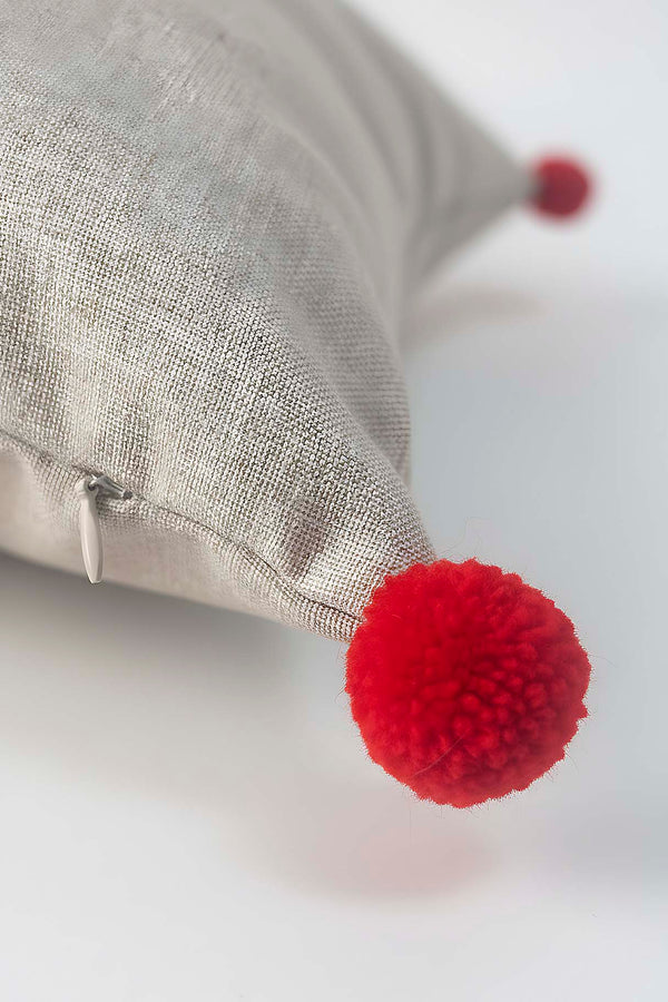 Beige Pine Tree Embroidered Pom Pom Decorative Pillow Cover, 43x43 cm, Woven Wicker Look, Polyester, Hidden Zipper, Farmhouse Style Accent Pillow Cover