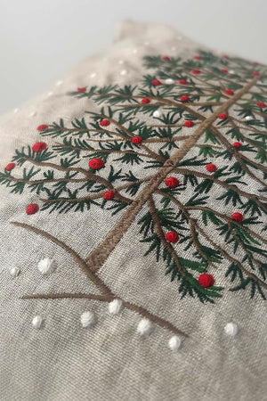 Beige Pine Tree Embroidered Pom Pom Decorative Pillow Cover, 43x43 cm, Woven Wicker Look, Polyester, Hidden Zipper, Farmhouse Style Accent Pillow Cover