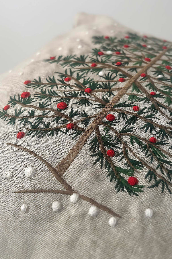 Beige Pine Tree Embroidered Pom Pom Decorative Pillow Cover, 43x43 cm, Woven Wicker Look, Polyester, Hidden Zipper, Farmhouse Style Accent Pillow Cover