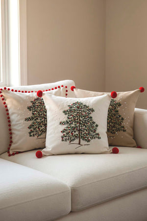 Beige Pine Tree Embroidered Pom Pom Decorative Pillow Cover, 43x43 cm, Woven Wicker Look, Polyester, Hidden Zipper, Farmhouse Style Accent Pillow Cover