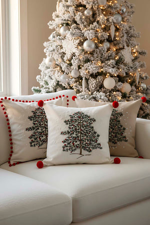 White Pine Tree Embroidered Pom Pom Throw Pillow Cover, 43x43 cm Woven Straw-Look Decorative Cushion Case, Polyester with Hidden Zipper, Boho Textured Accent Pillowcase