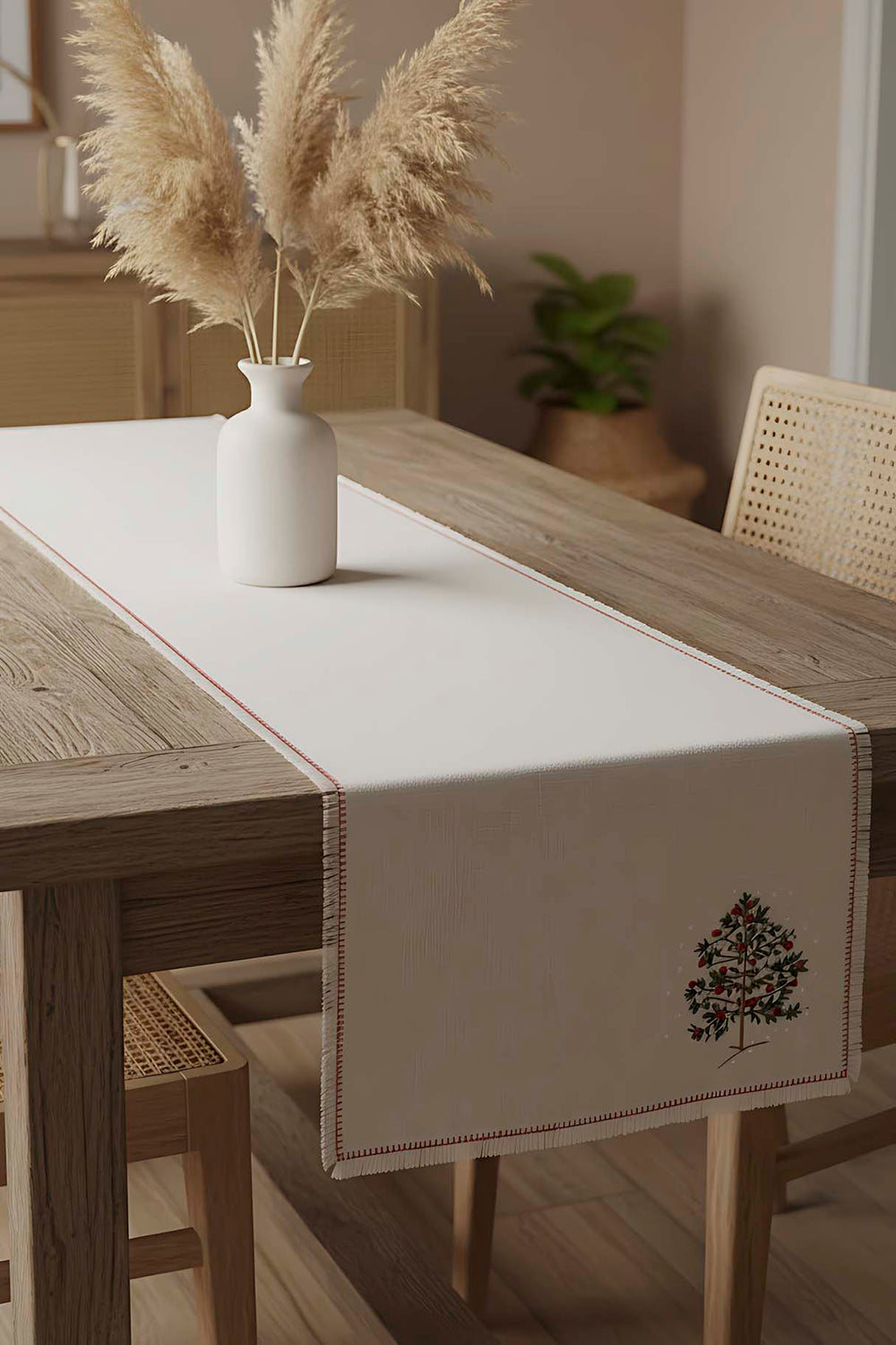 Pine Tree Embroidery Faux Straw Table Runner - 115 cm Long with Tassels - Beige Rustic Table Decor for Holiday & Daily Use - High Quality Polyester