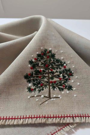 Pine Tree Embroidery Faux Straw Table Runner - 115 cm Long with Tassels - Beige Rustic Table Decor for Holiday & Daily Use - High Quality Polyester