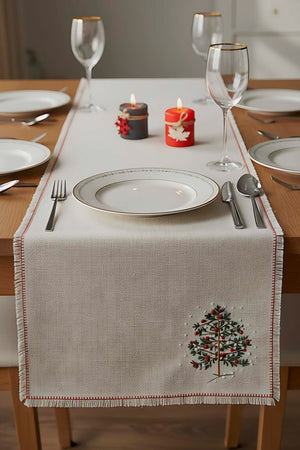 Pine Tree Embroidery Faux Straw Table Runner - 115 cm Long with Tassels - Beige Rustic Table Decor for Holiday & Daily Use - High Quality Polyester