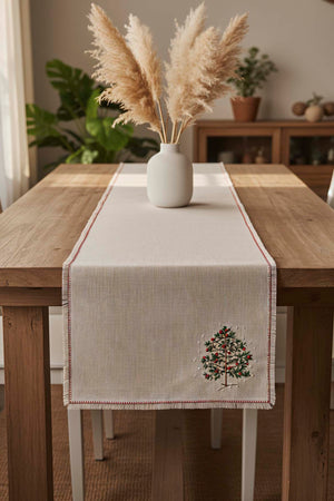 Pine Tree Embroidery Faux Straw Table Runner - 115 cm Long with Tassels - Beige Rustic Table Decor for Holiday & Daily Use - High Quality Polyester