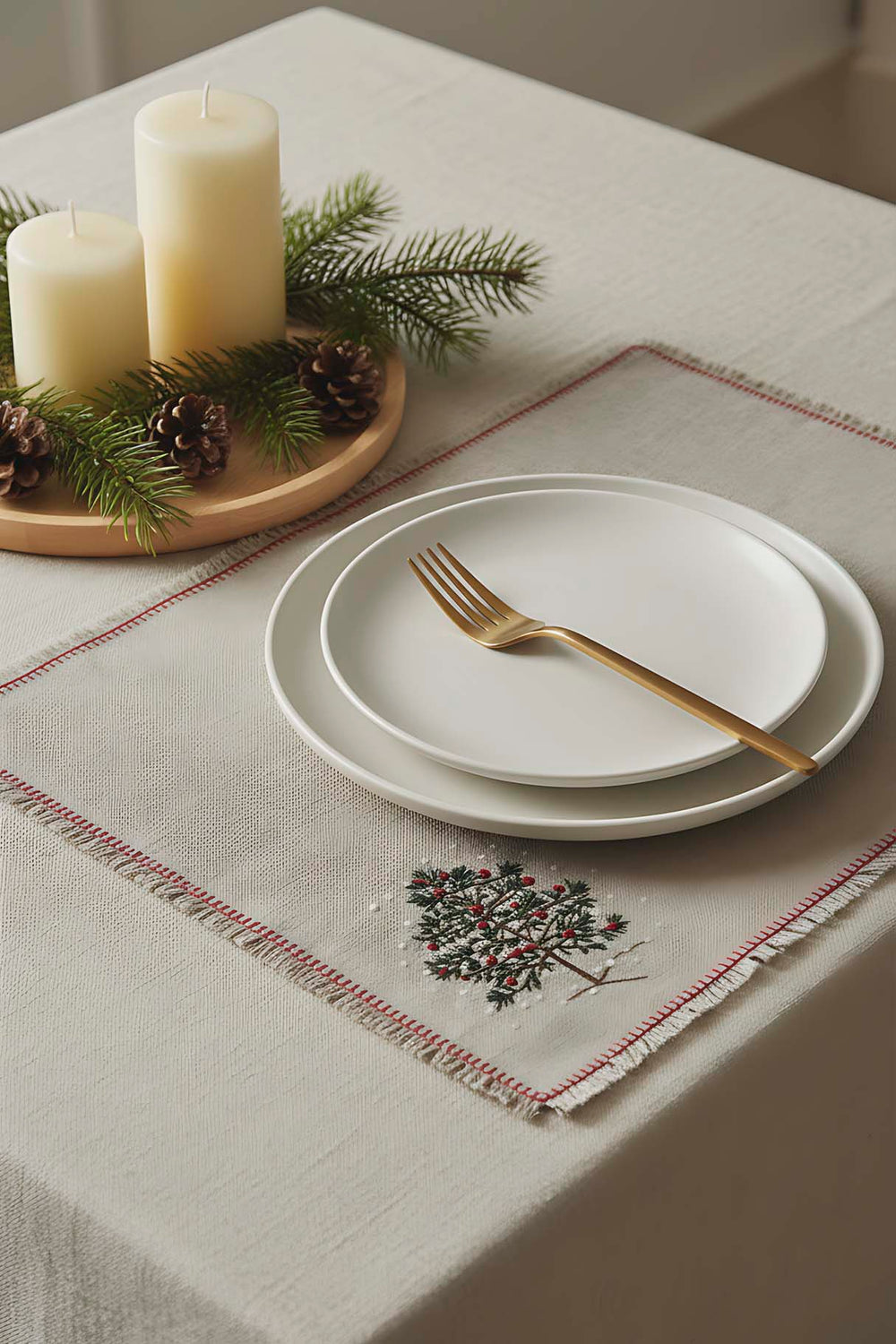 Pine Tree Embroidery Faux Straw Placemats with Tassels - Set of 2 - 35x50 cm Durable Polyester Table Mats for Rustic Dining