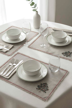 Pine Tree Embroidery Faux Straw Placemats with Tassels - Set of 2 - 35x50 cm Durable Polyester Table Mats for Rustic Dining