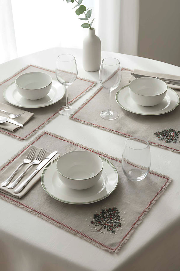 Pine Tree Embroidery Faux Straw Placemats with Tassels - Set of 2 - 35x50 cm Durable Polyester Table Mats for Rustic Dining