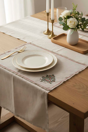 Pine Tree Embroidery Faux Straw Placemats with Tassels - Set of 2 - 35x50 cm Durable Polyester Table Mats for Rustic Dining