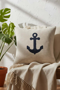 Navy Anchor Punch & Embroidered Decorative Cushion Cover – Woven Rattan Look, Blue Leaves, Hidden Zipper, 43x43 cm