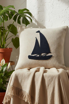 Navy Sailboat Punch & Embroidered Decorative Cushion Cover – Woven Rattan Look, Blue Leaves, Hidden Zipper, 43x43 cm