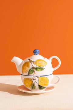 Lemon Pattern Amore 4-Piece Tea-for-One Set – Handmade Ceramic Teapot, Cup & Saucer Set, 600 ml