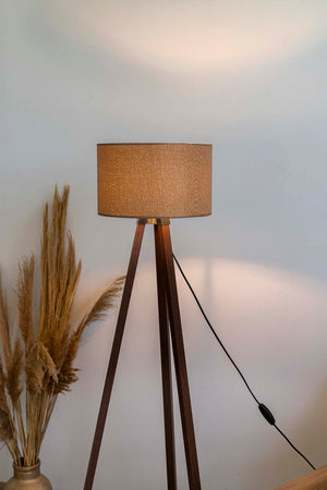 Brown Textured Cylinder Shade Wooden Tripod Floor Lamp