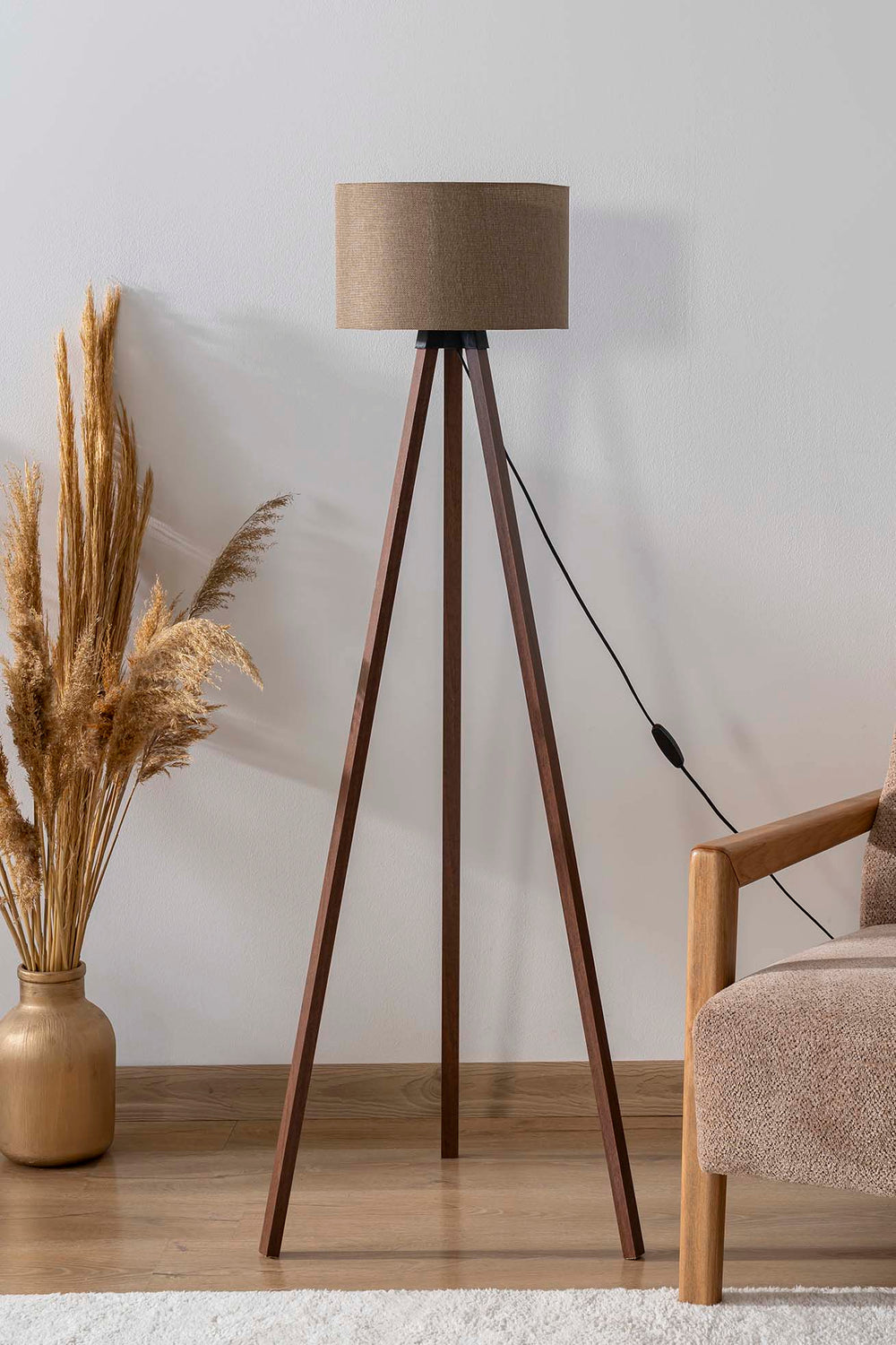 Brown Textured Cylinder Shade Wooden Tripod Floor Lamp
