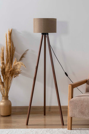 Brown Textured Cylinder Shade Wooden Tripod Floor Lamp