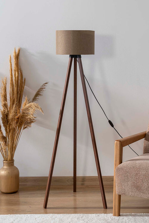 Brown Textured Cylinder Shade Wooden Tripod Floor Lamp