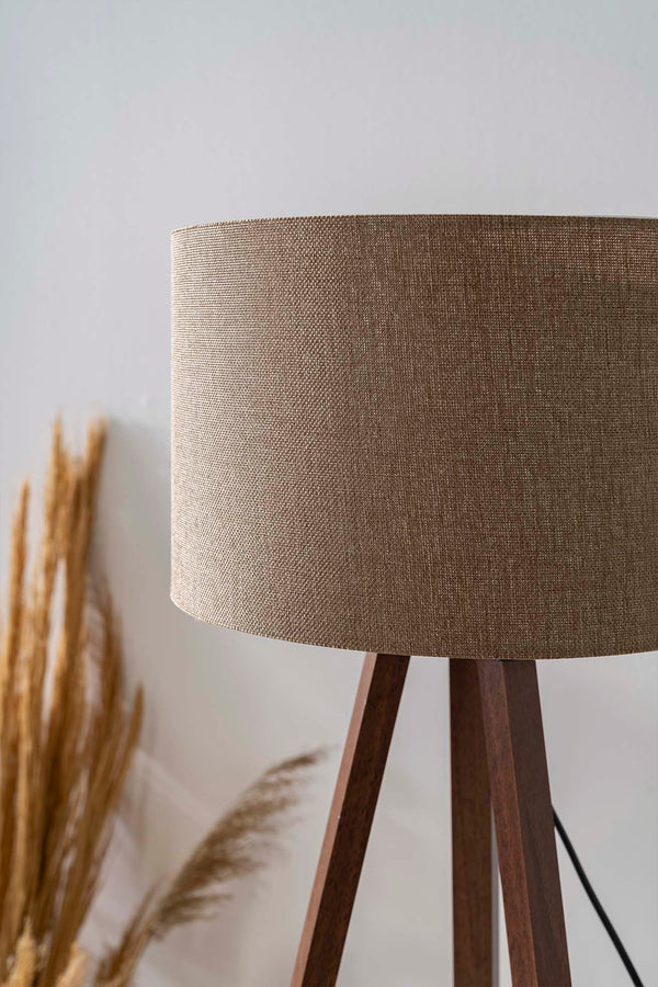 Brown Textured Cylinder Shade Wooden Tripod Floor Lamp