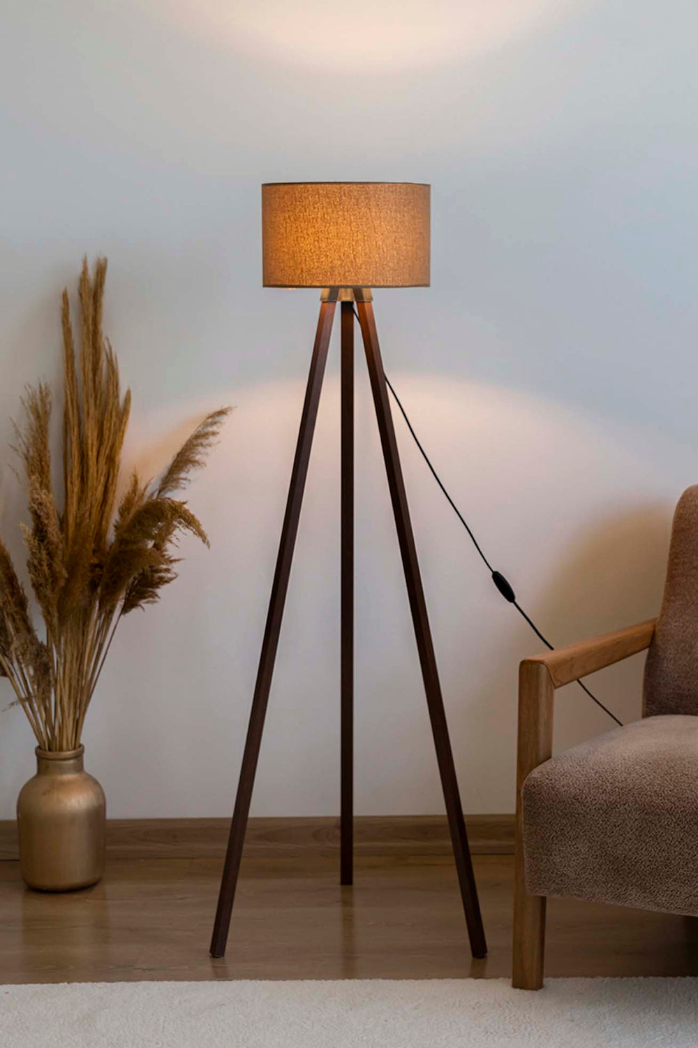 Brown Textured Cylinder Shade Wooden Tripod Floor Lamp