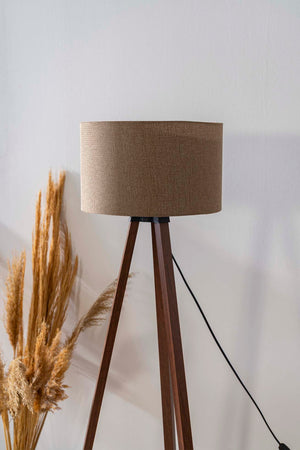 Brown Textured Cylinder Shade Wooden Tripod Floor Lamp