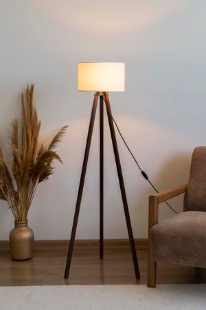 Ivory Textured Cylinder Shade Wooden Tripod Floor Lamp