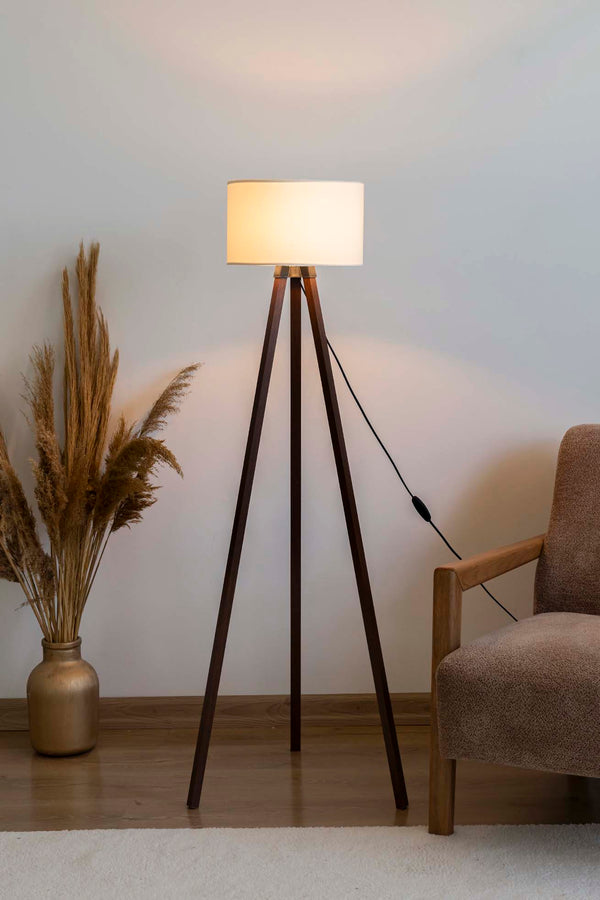 Ivory Textured Cylinder Shade Wooden Tripod Floor Lamp